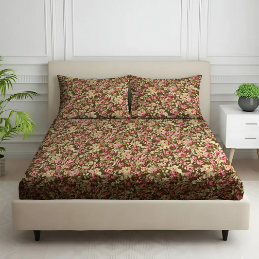 Classic Brown Floral Bed Sheet with Pillow Covers