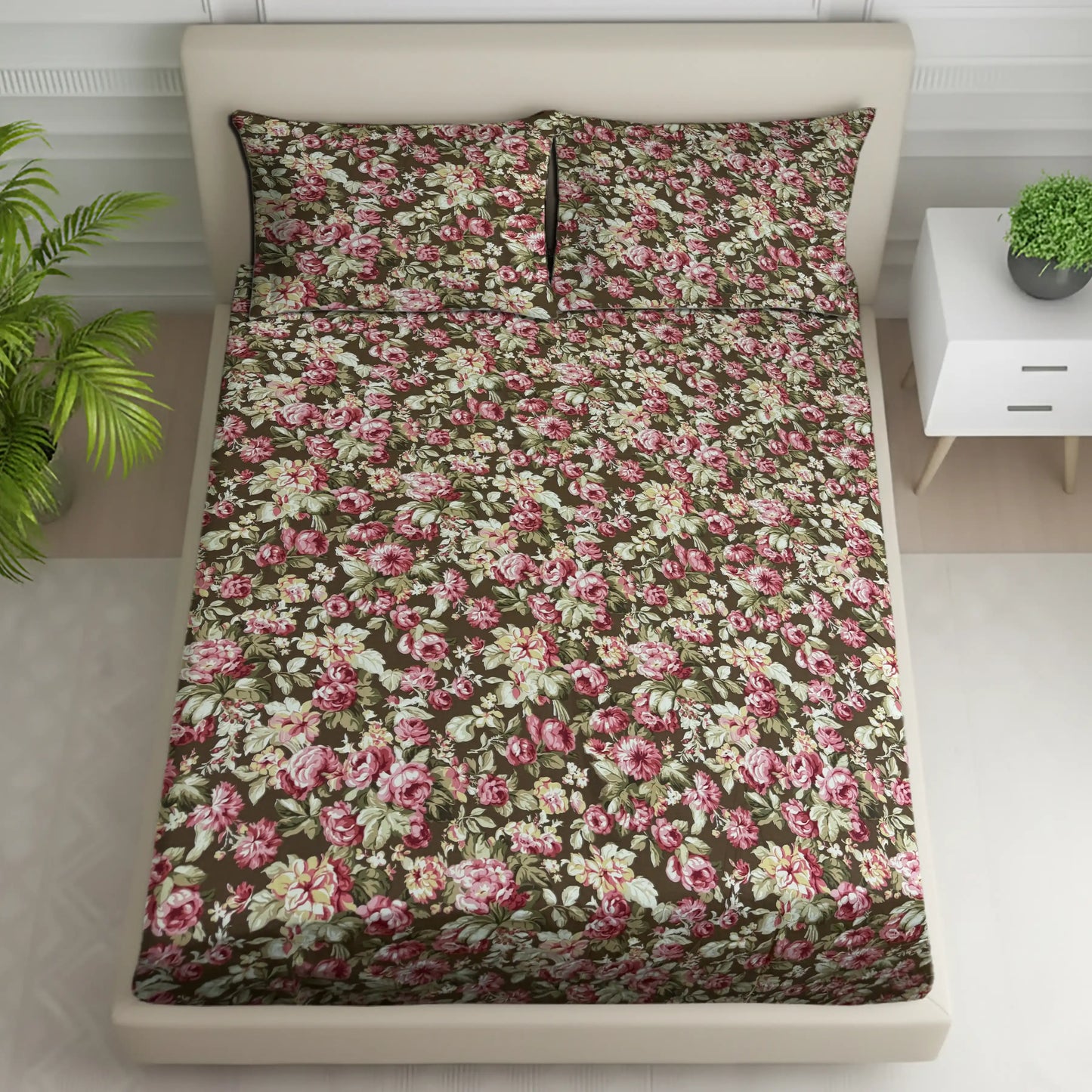 Luxury Black Floral Bed Sheet with Pillow Covers - Romantic Rose Print