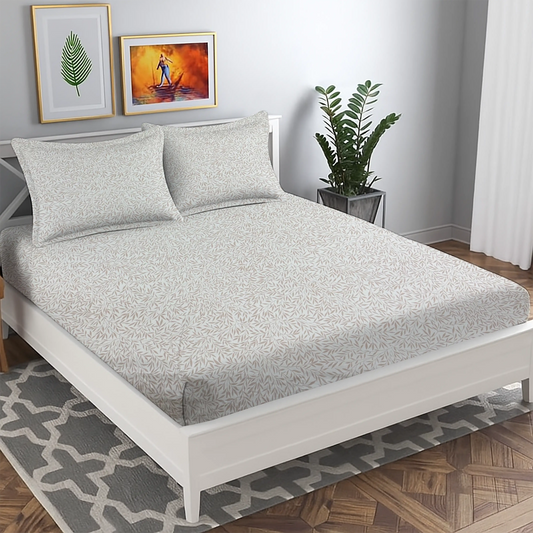 Elegant White Base Bed Sheet with Grey Leaf Design & Pillow Covers