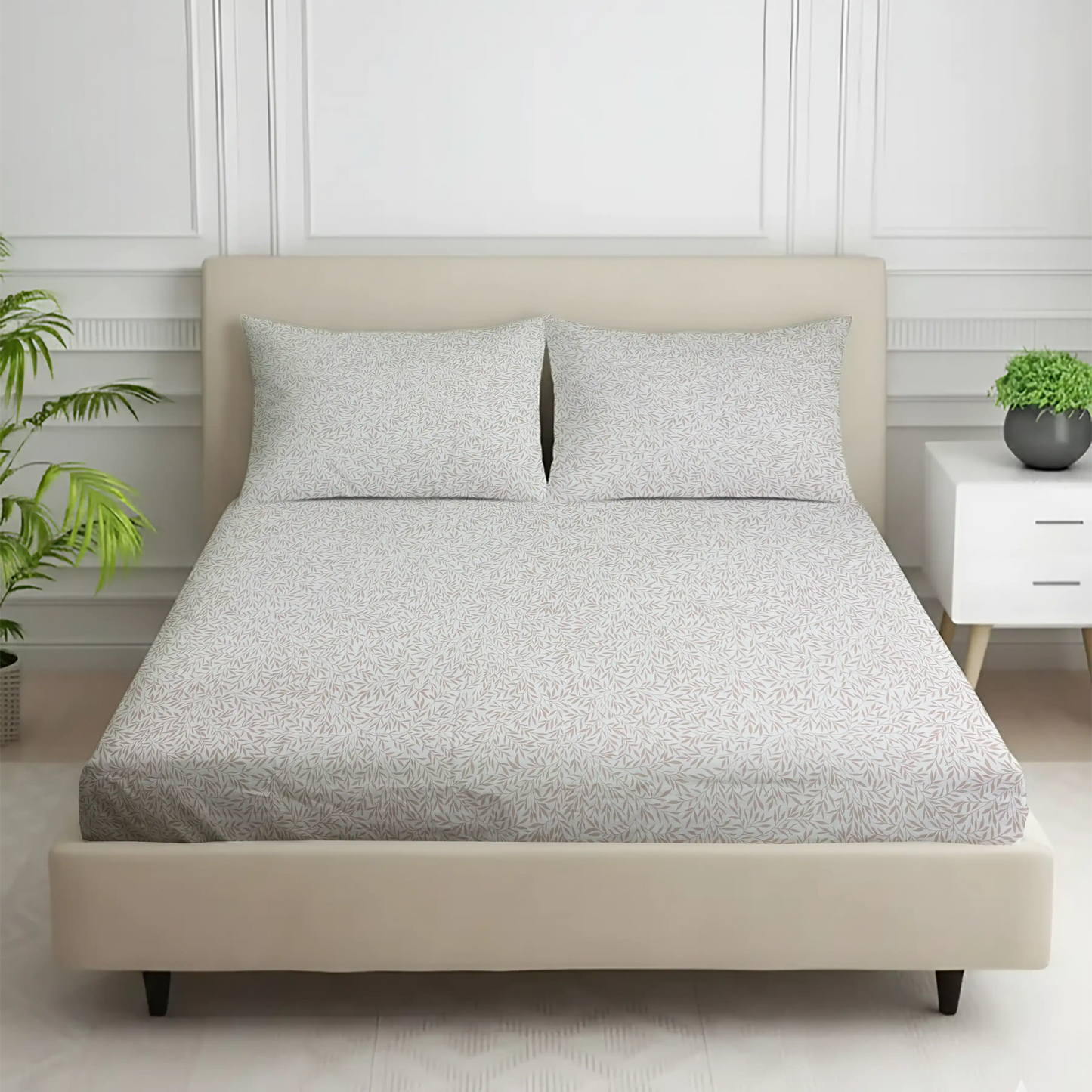 Elegant White Base Bed Sheet with Grey Leaf Design & Pillow Covers