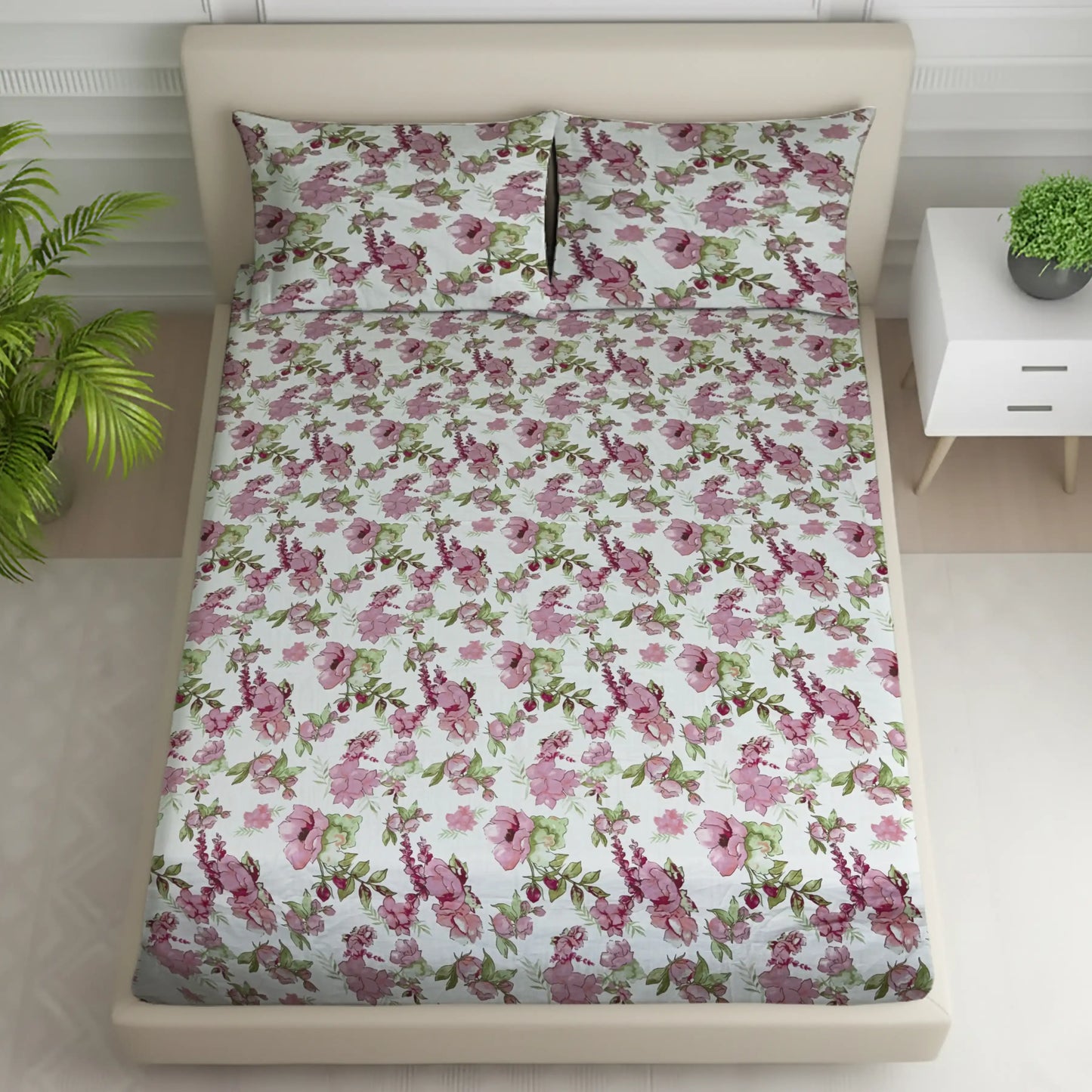 Pink Floral Bed Sheet Set Watercolor Rose Garden Design