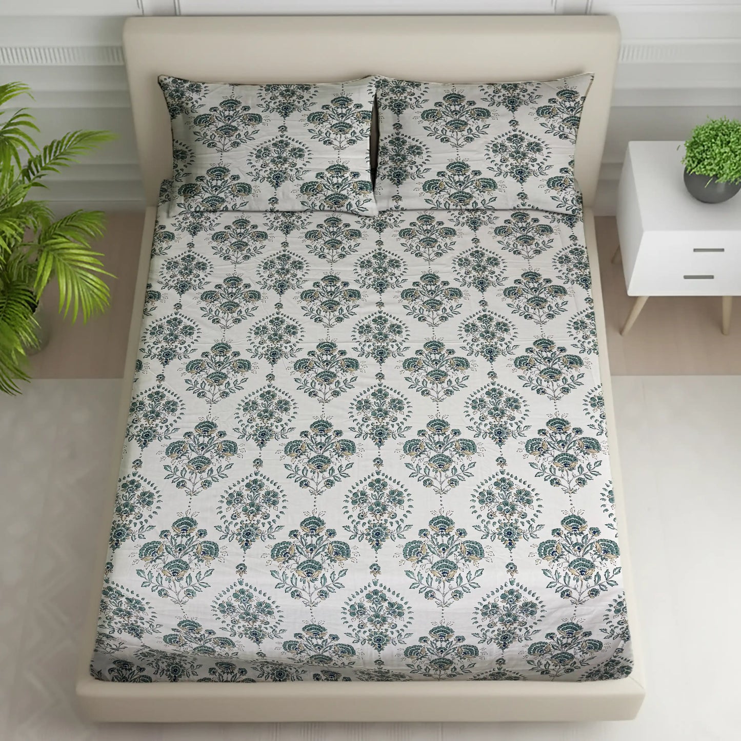 Elegant Teal & White Floral Bed Sheet Set - Vintage Paisley Design