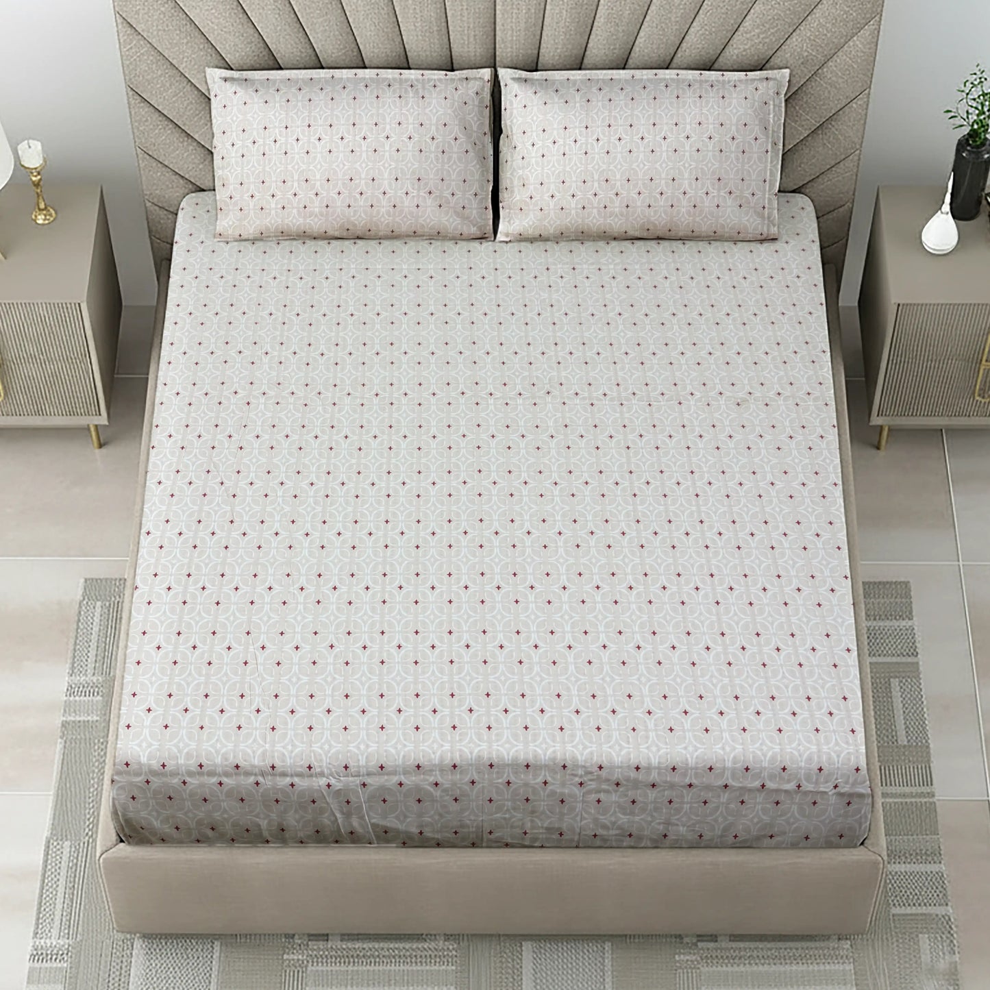 Elegant Beige & Burgundy Geometric Bed Sheet Set - Moroccan Lattice Design