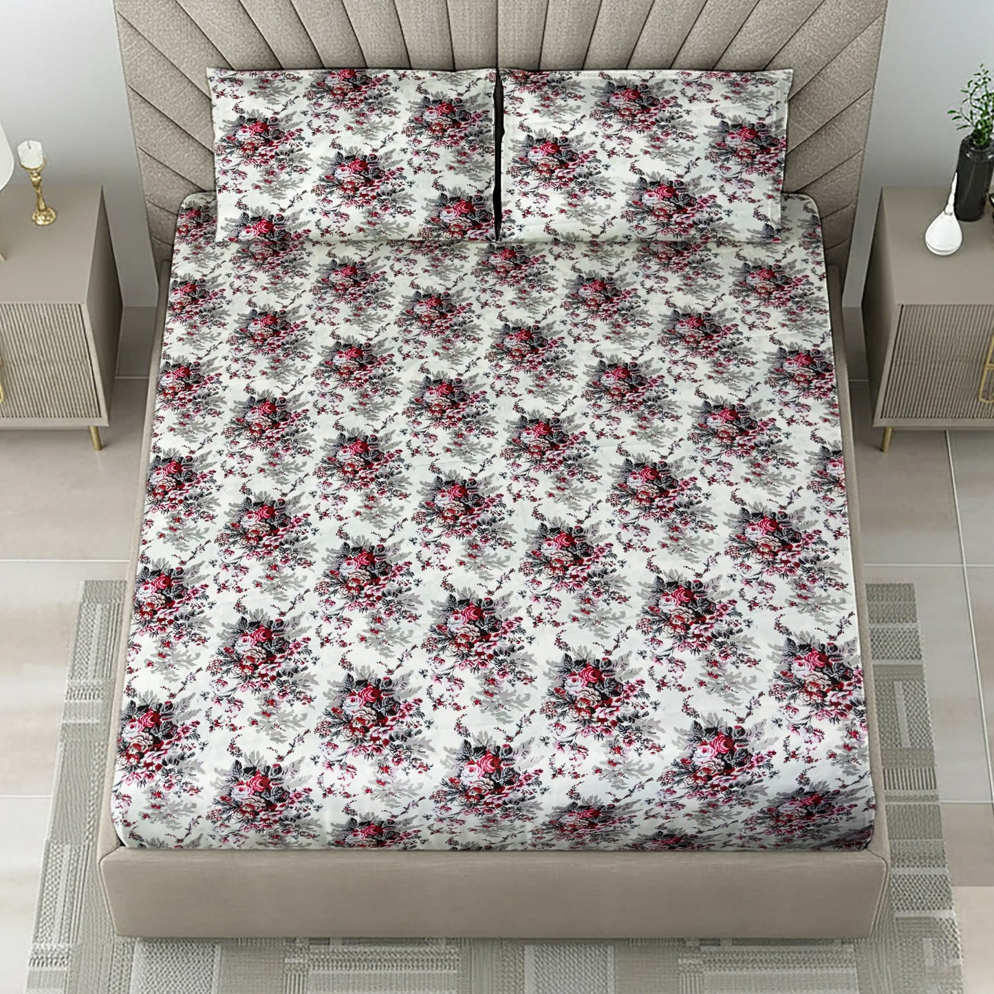 Classic Red & Black Floral Bed Sheet Set - Vintage Rose Garden Design