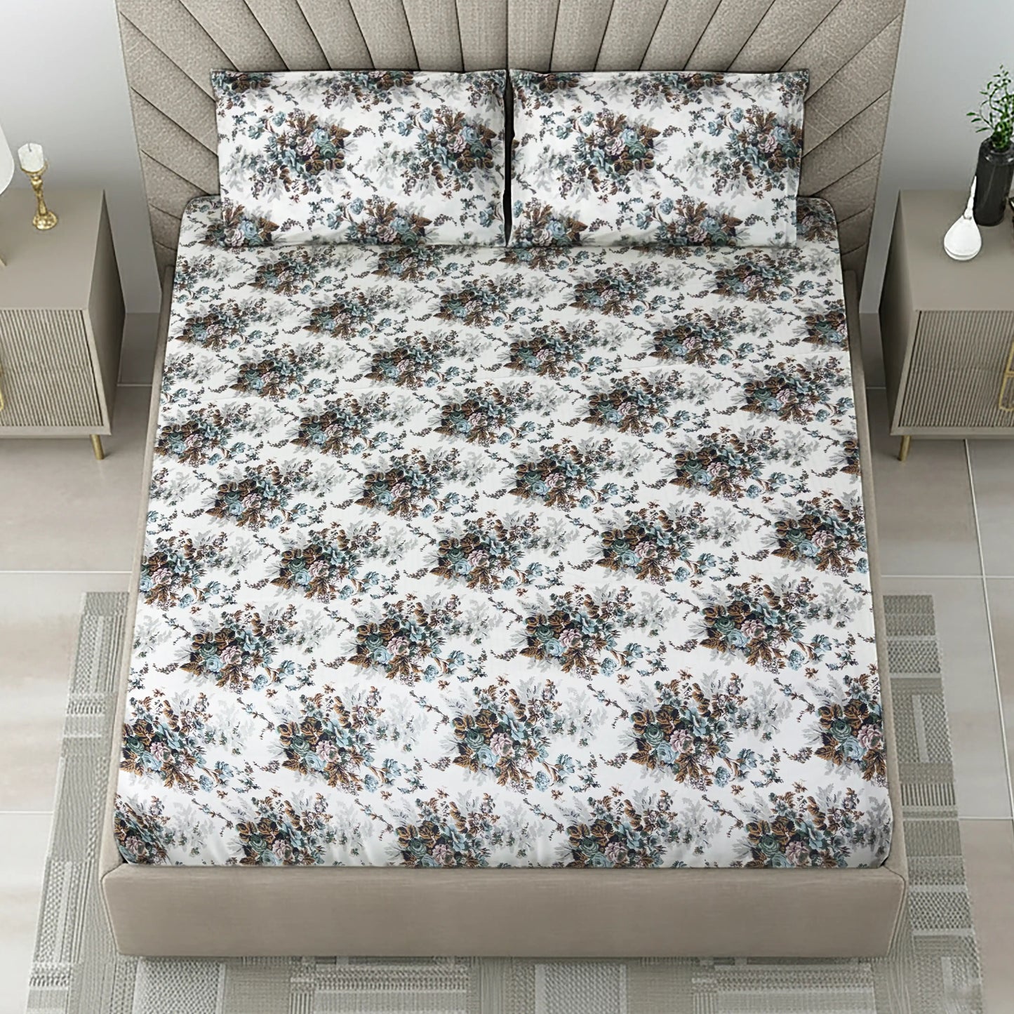 Elegant Teal & Brown Floral Bed Sheet Set - Vintage Rose Garden Design