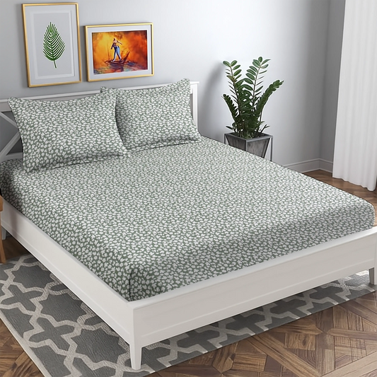Modern Sage Grey & White Floral Bed Sheet Set - Abstract Ditsy Print