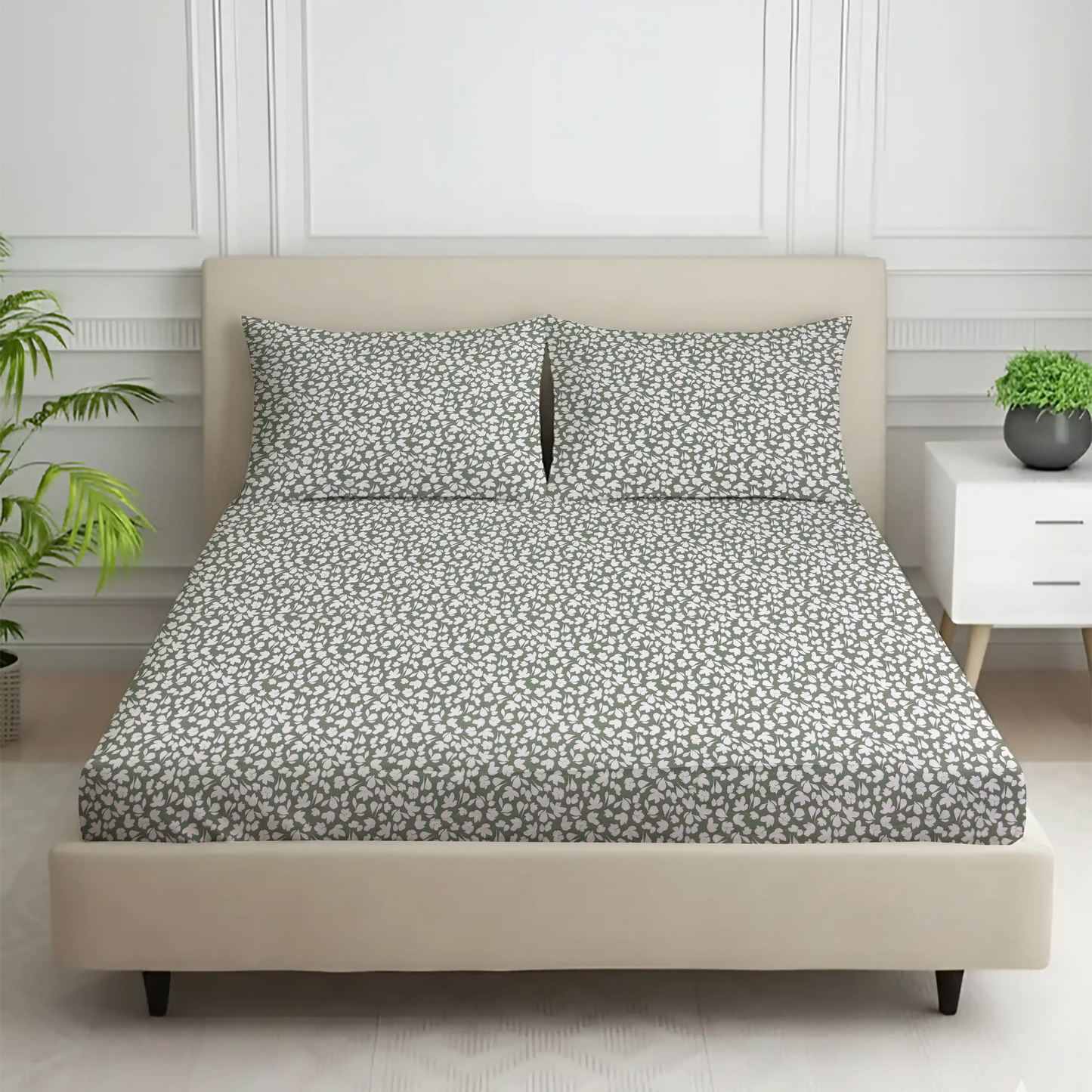 Modern Sage Grey & White Floral Bed Sheet Set - Abstract Ditsy Print