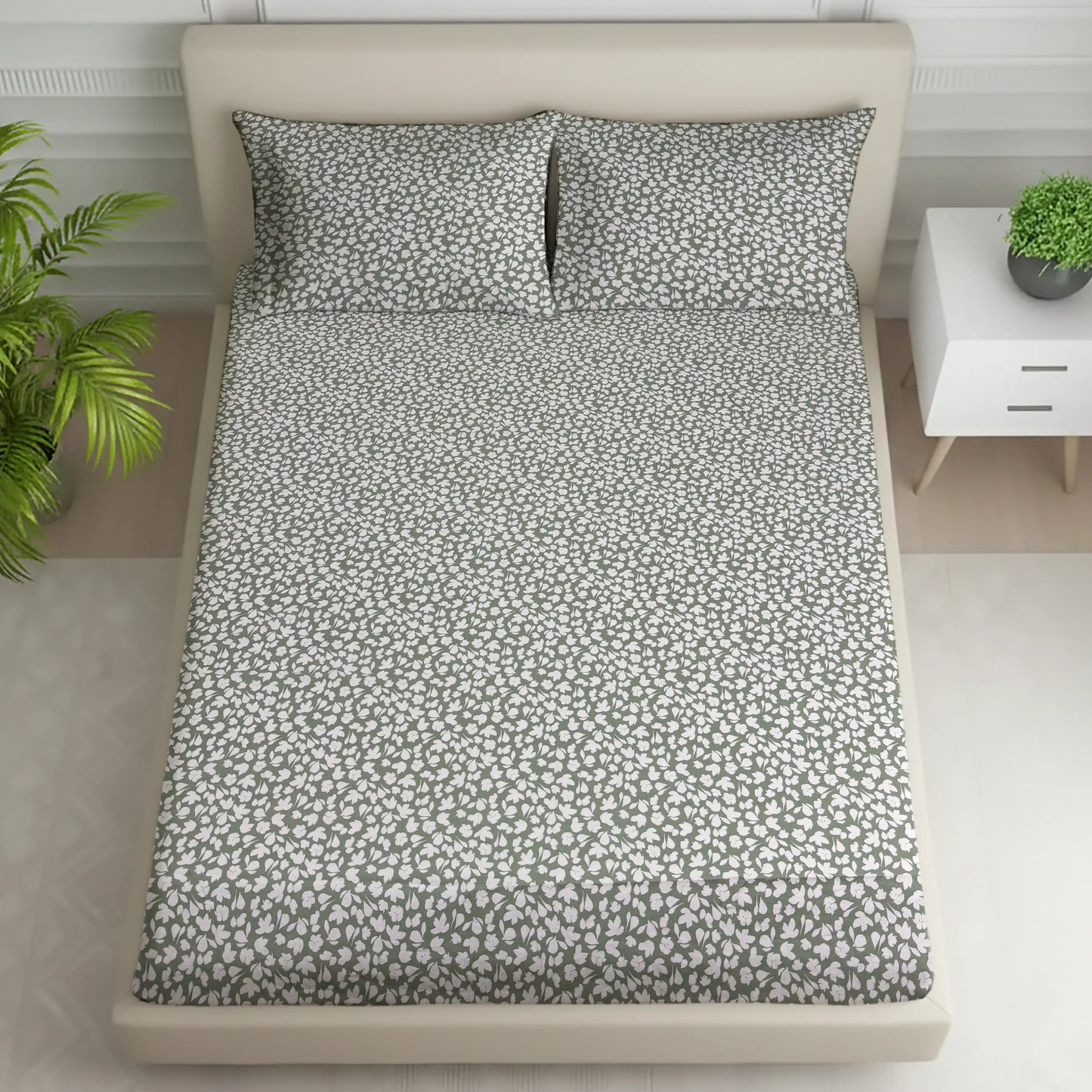 Modern Sage Grey & White Floral Bed Sheet Set - Abstract Ditsy Print