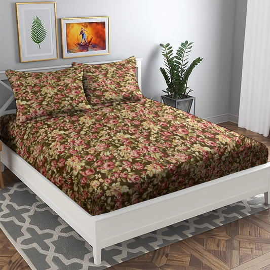 Classic Brown Floral Bed Sheet with Pillow Covers