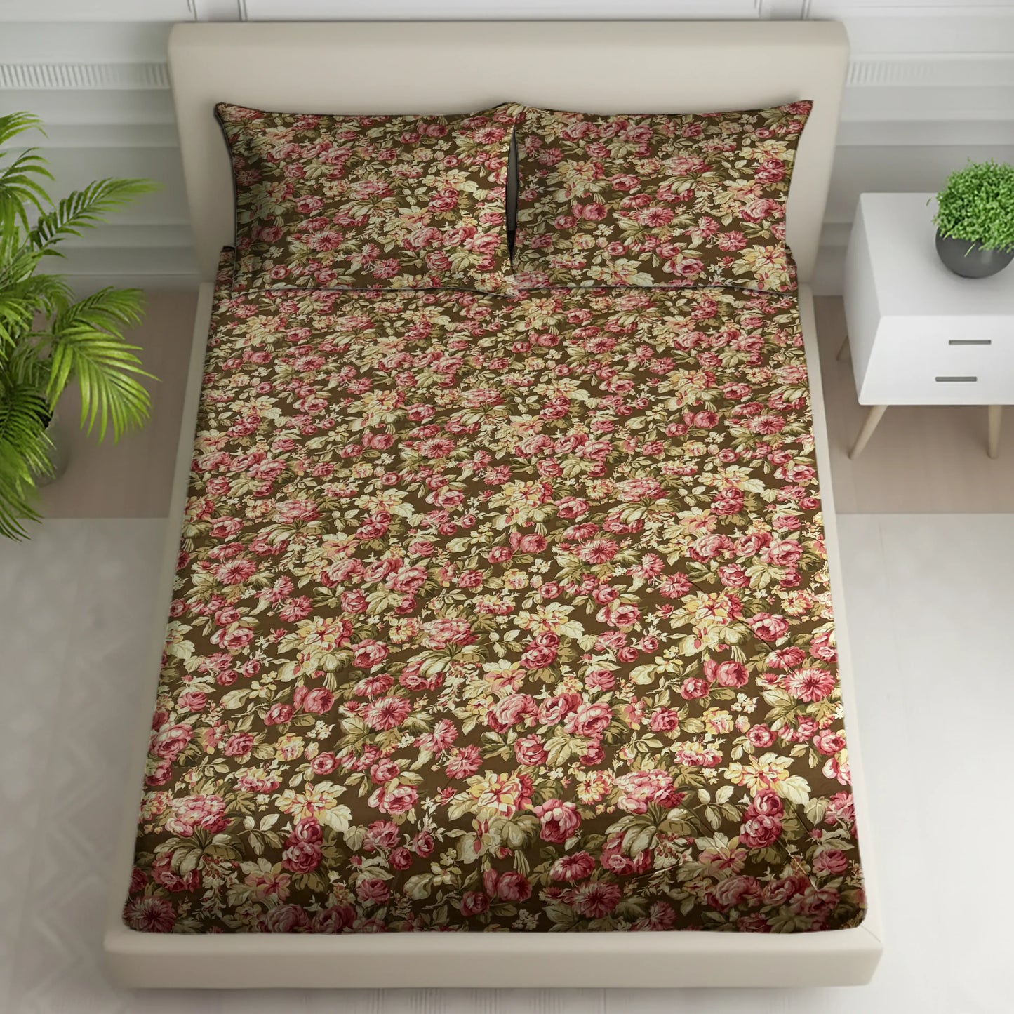 Classic Brown Floral Bed Sheet with Pillow Covers