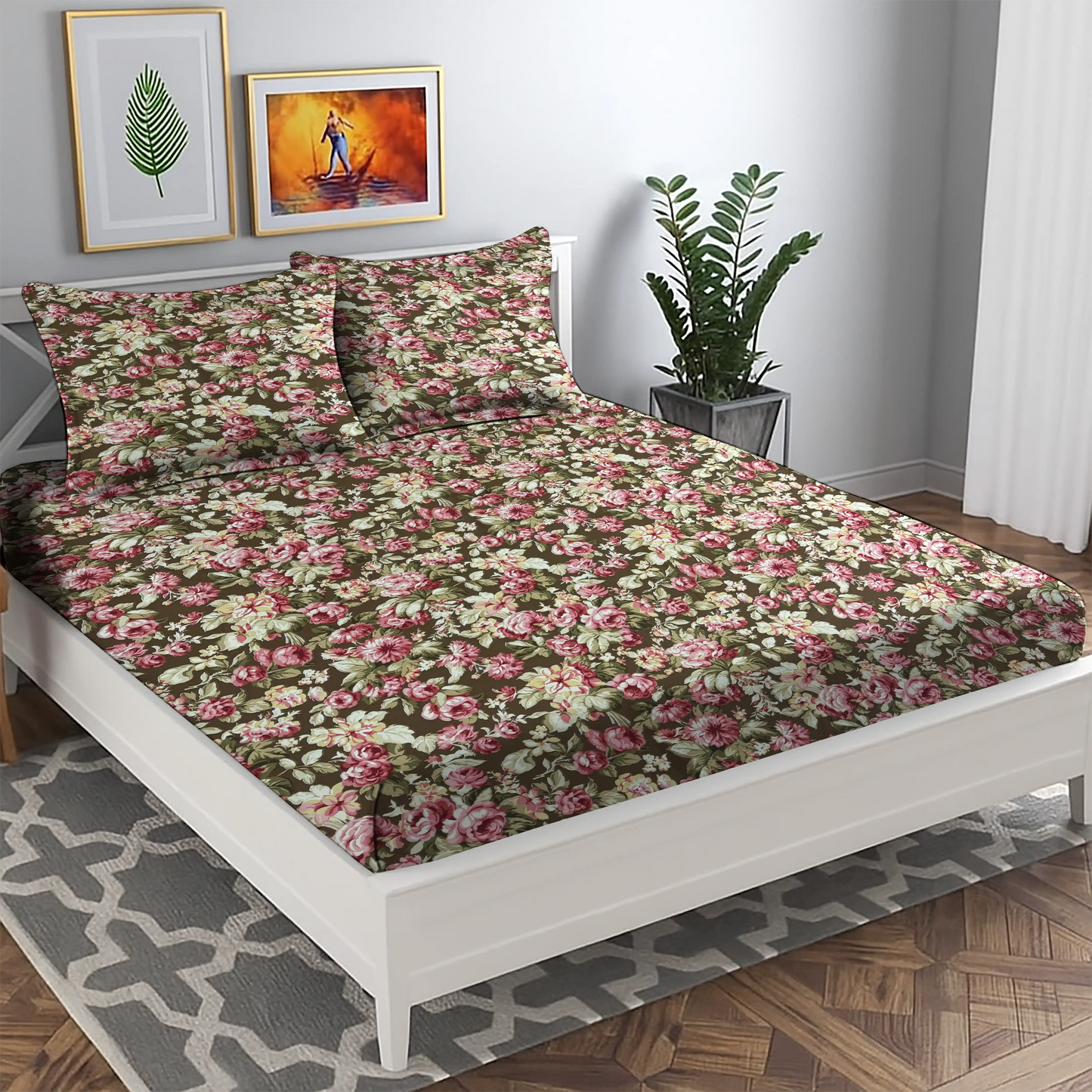 Luxury Black Floral Bed Sheet with Pillow Covers - Romantic Rose Print
