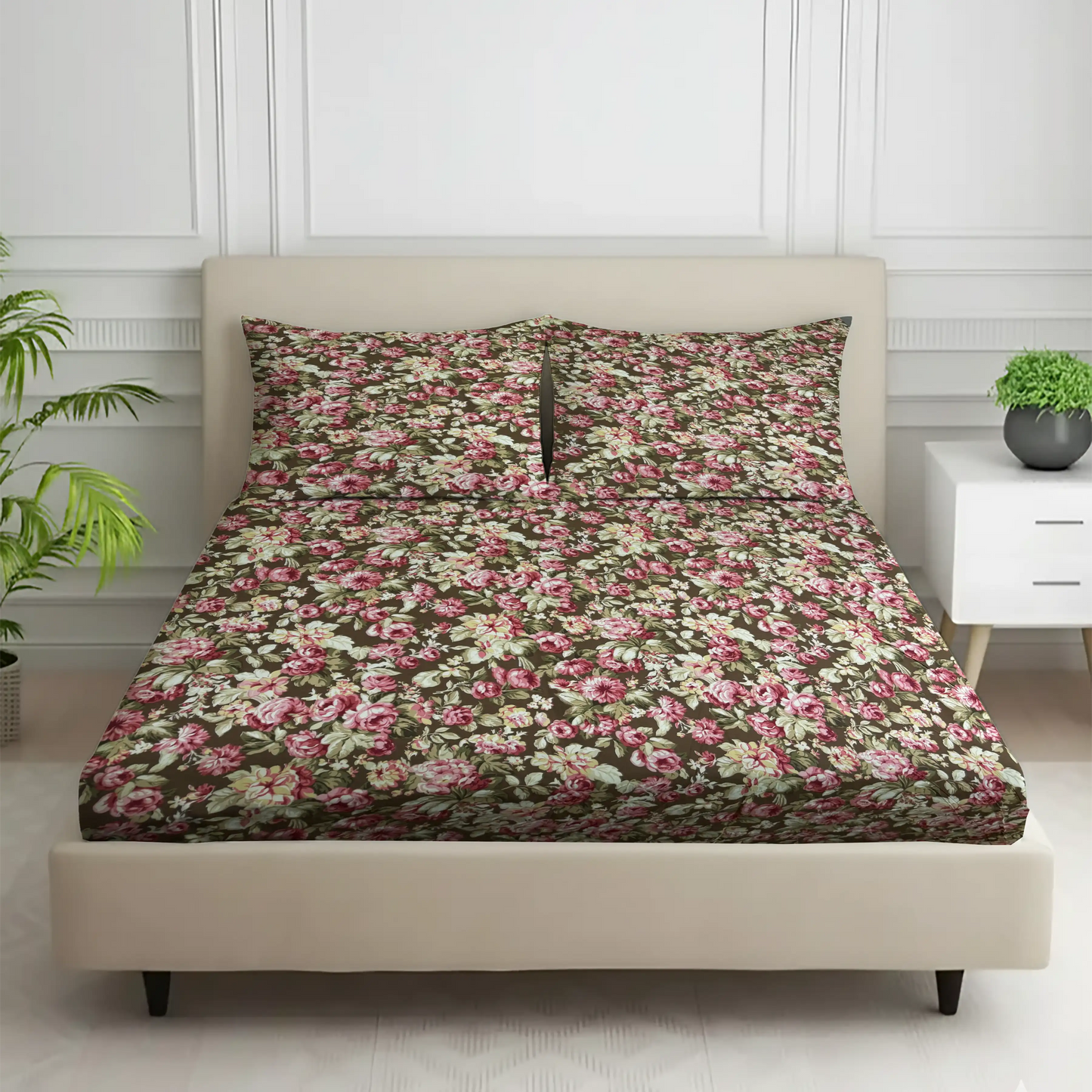 Luxury Black Floral Bed Sheet with Pillow Covers - Romantic Rose Print