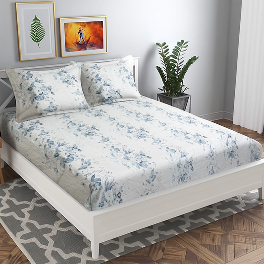 Elegant White & Grey Blue Floral Bedding Set - Soft Rose Pattern