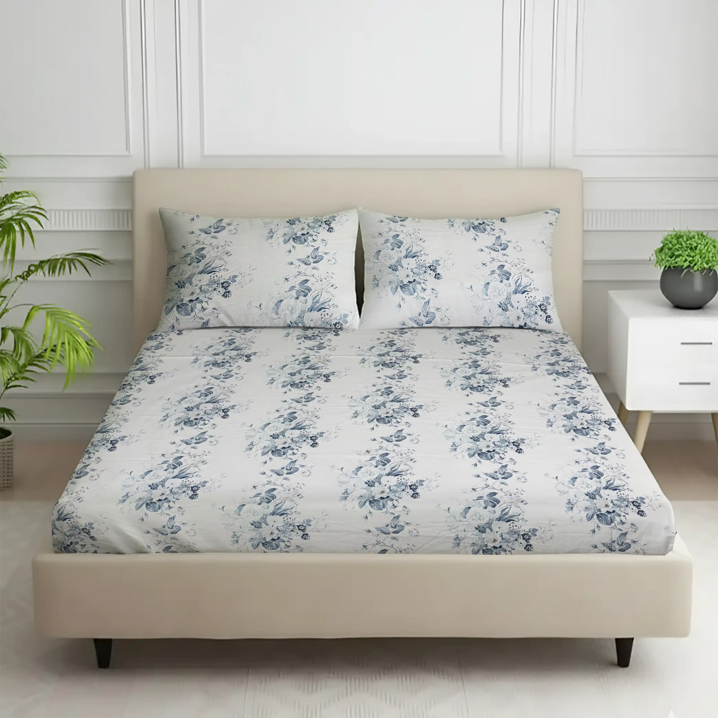 Elegant White & Grey Blue Floral Bedding Set - Soft Rose Pattern