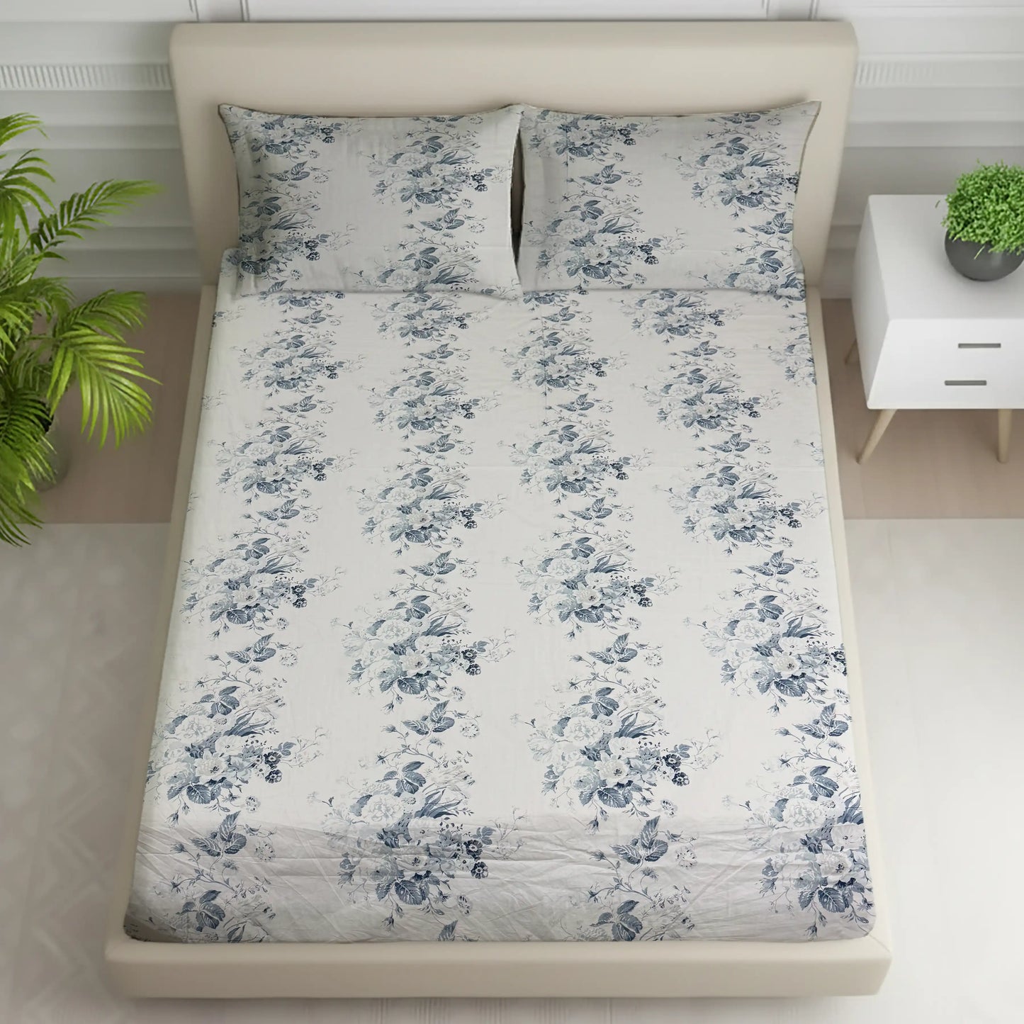 Elegant White & Grey Blue Floral Bedding Set - Soft Rose Pattern