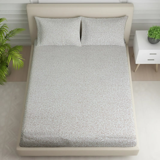 Elegant White Base Bed Sheet with Grey Leaf Design & Pillow Covers