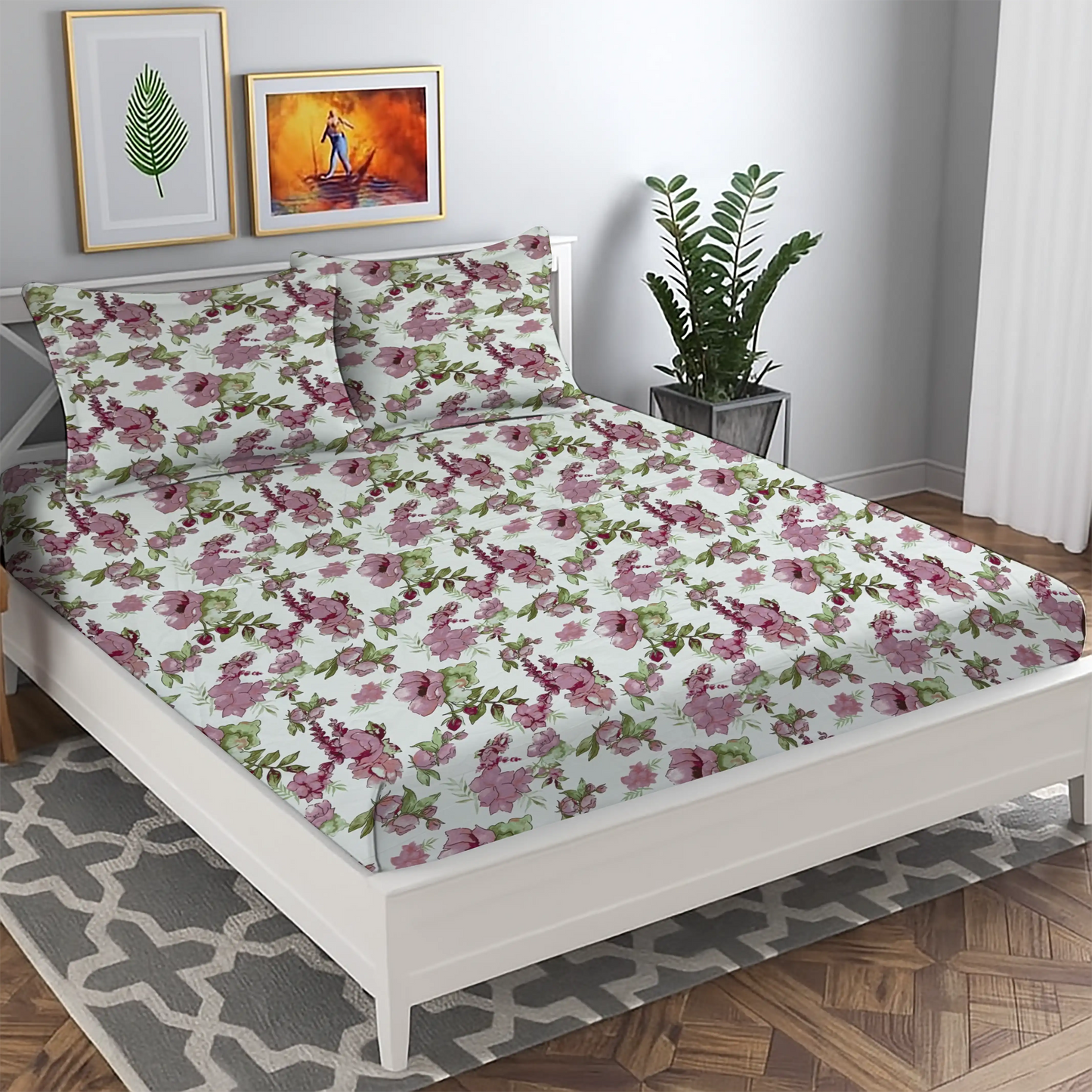 Pink Floral Bed Sheet Set Watercolor Rose Garden Design