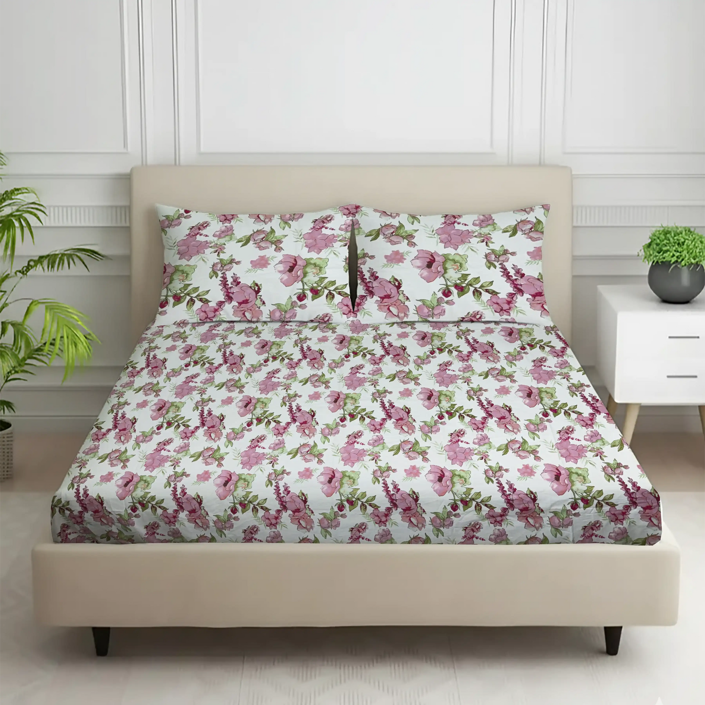 Pink Floral Bed Sheet Set Watercolor Rose Garden Design
