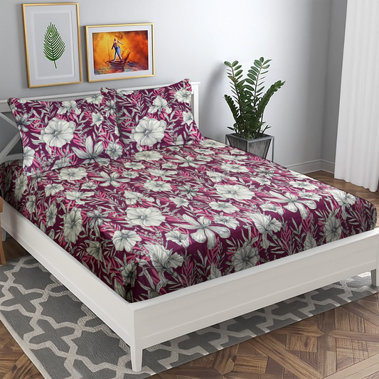 Luxurious Maroon & White Floral Bed Sheet Set