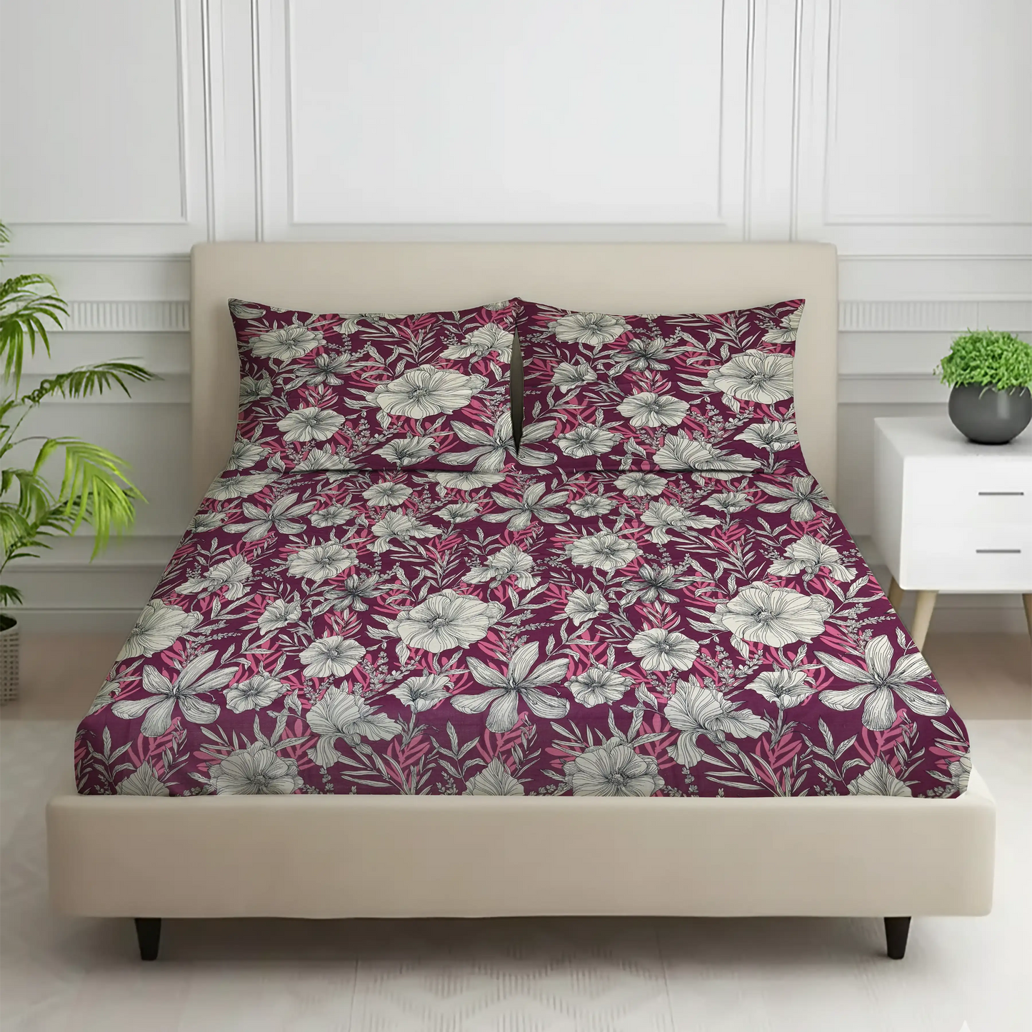 Luxurious Maroon & White Floral Bed Sheet Set