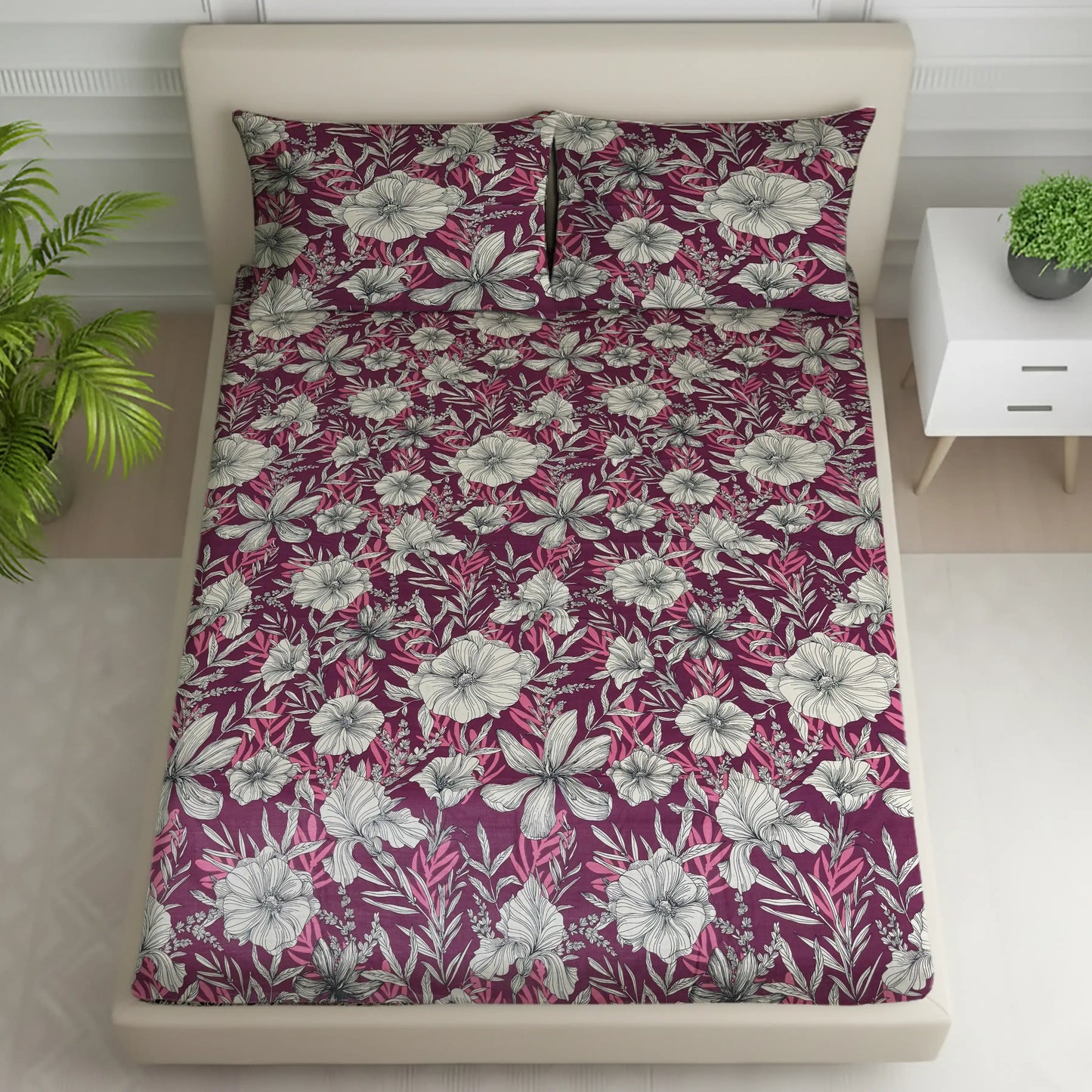 Luxurious Maroon & White Floral Bed Sheet Set
