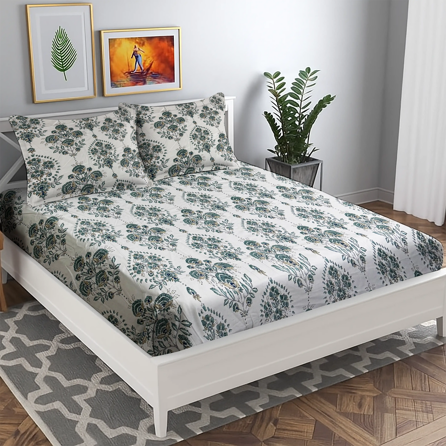 Elegant Teal & White Floral Bed Sheet Set - Vintage Paisley Design
