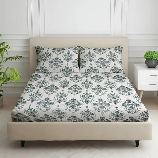 Elegant Teal & White Floral Bed Sheet Set - Vintage Paisley Design
