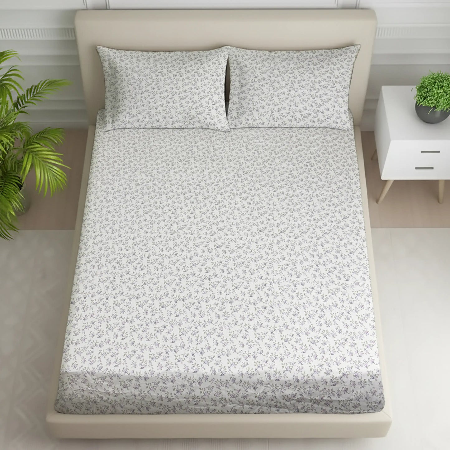 Delicate Grey & White Mini Floral Bed Sheet Set - Ditsy Print Design