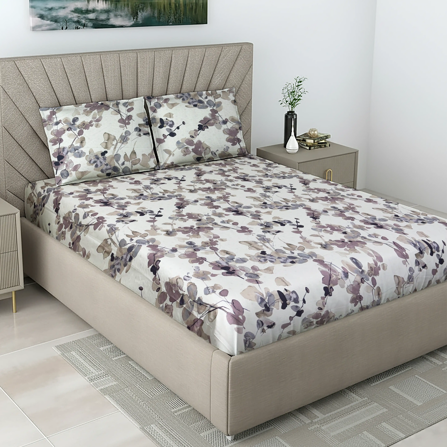 Premium White Base Bed Sheet with Mauve Grey Watercolor Floral Print & Pillow Covers