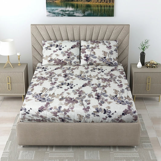 Premium White Base Bed Sheet with Mauve Grey Watercolor Floral Print & Pillow Covers