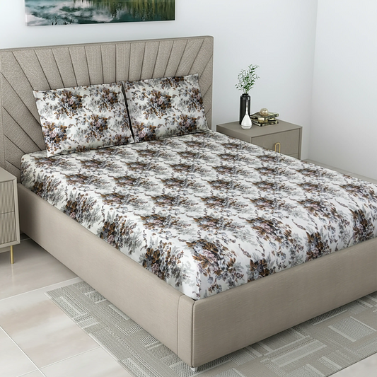 Premium White Base Bed Sheet with Brown Grey Floral Print & Pillow Covers