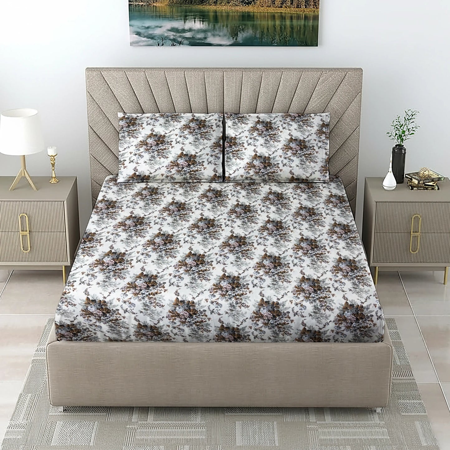 Premium White Base Bed Sheet with Brown Grey Floral Print & Pillow Covers