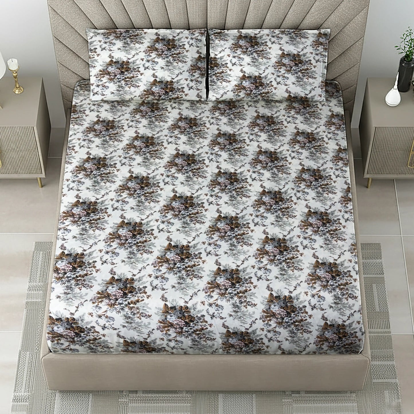 Premium White Base Bed Sheet with Brown Grey Floral Print & Pillow Covers
