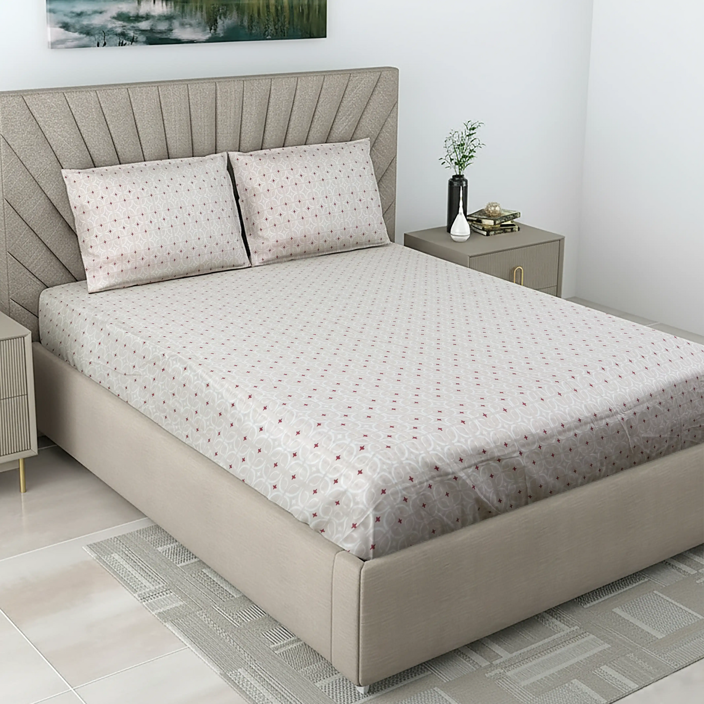 Elegant Beige & Burgundy Geometric Bed Sheet Set - Moroccan Lattice Design