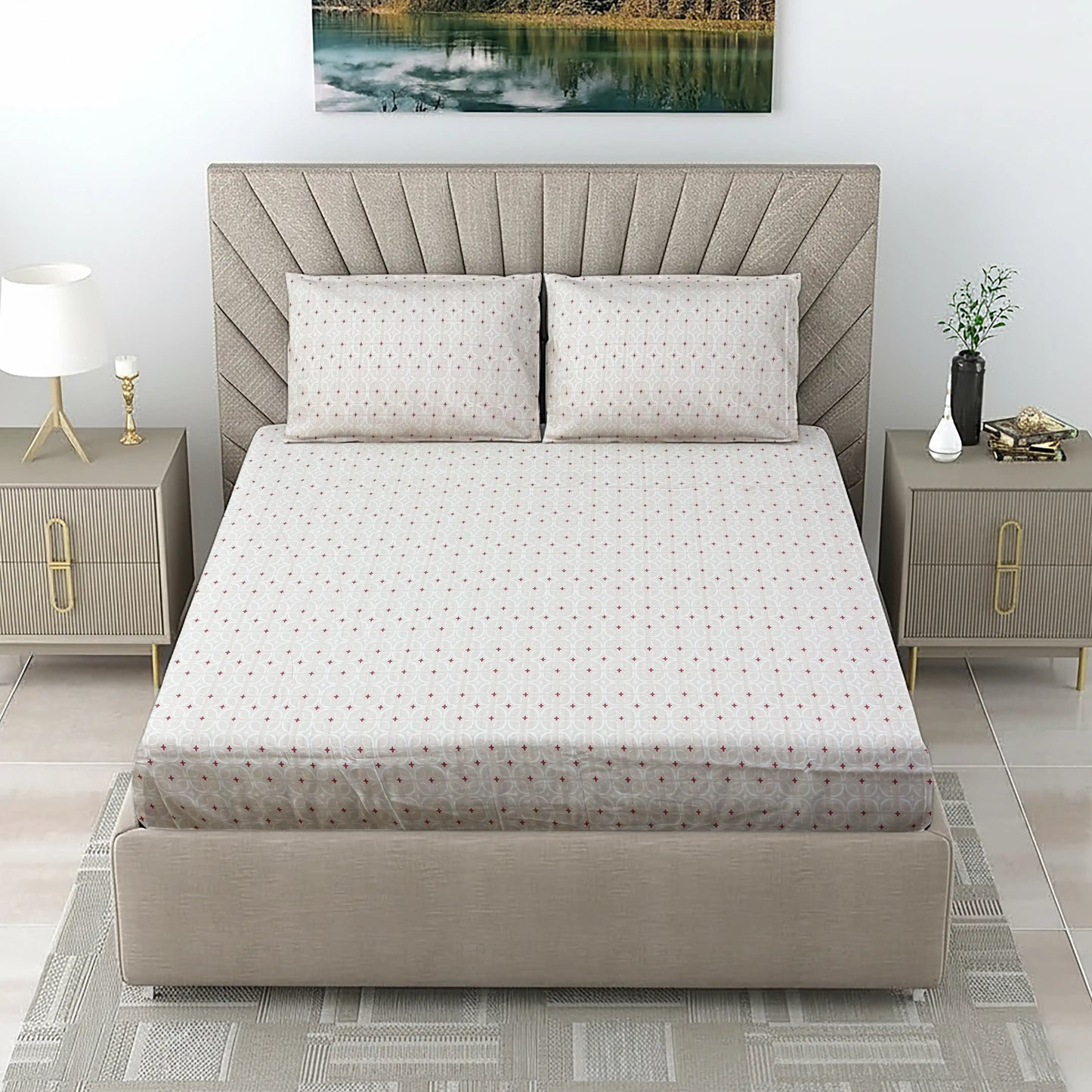 Elegant Beige & Burgundy Geometric Bed Sheet Set - Moroccan Lattice Design