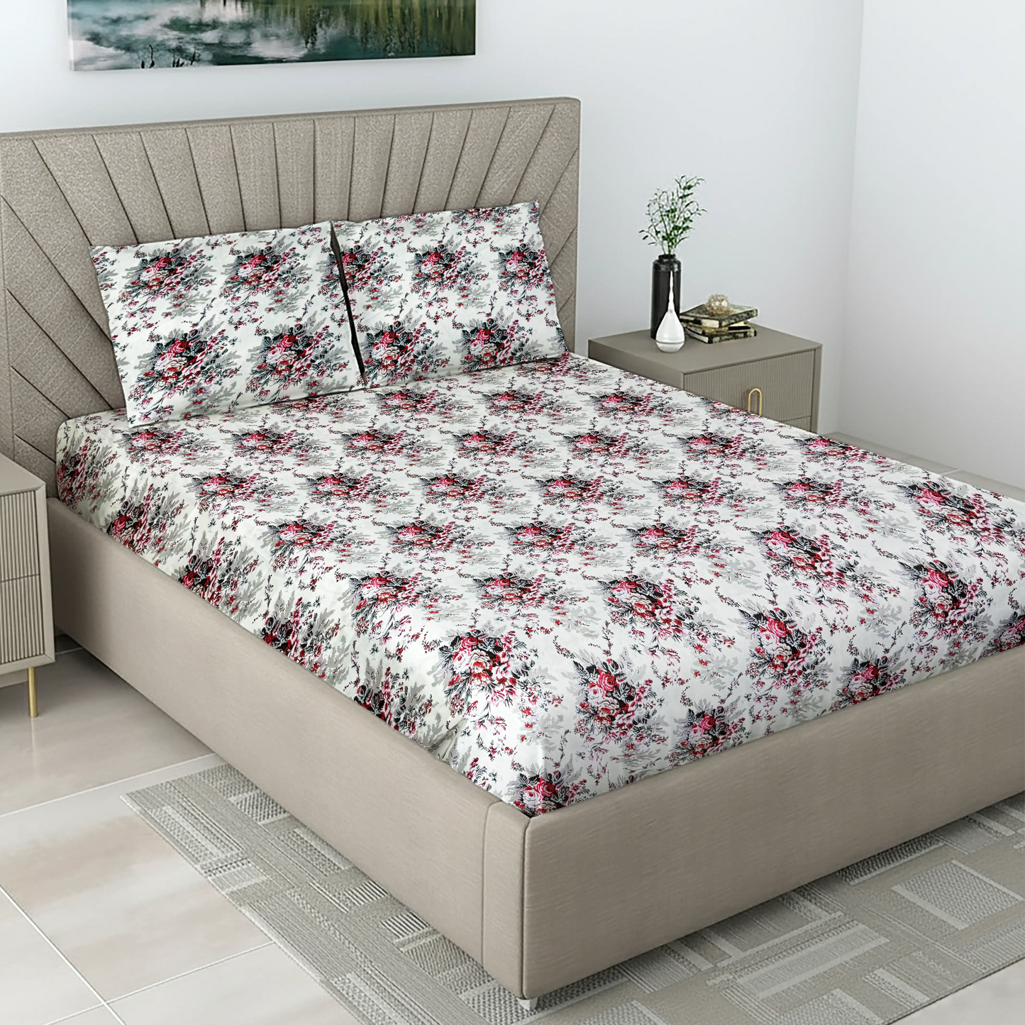 Classic Red & Black Floral Bed Sheet Set - Vintage Rose Garden Design