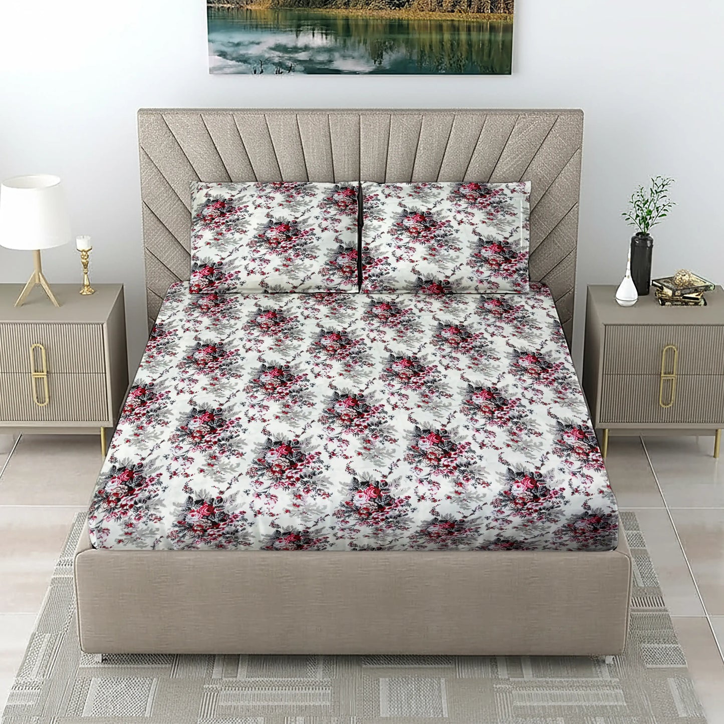 Classic Red & Black Floral Bed Sheet Set - Vintage Rose Garden Design