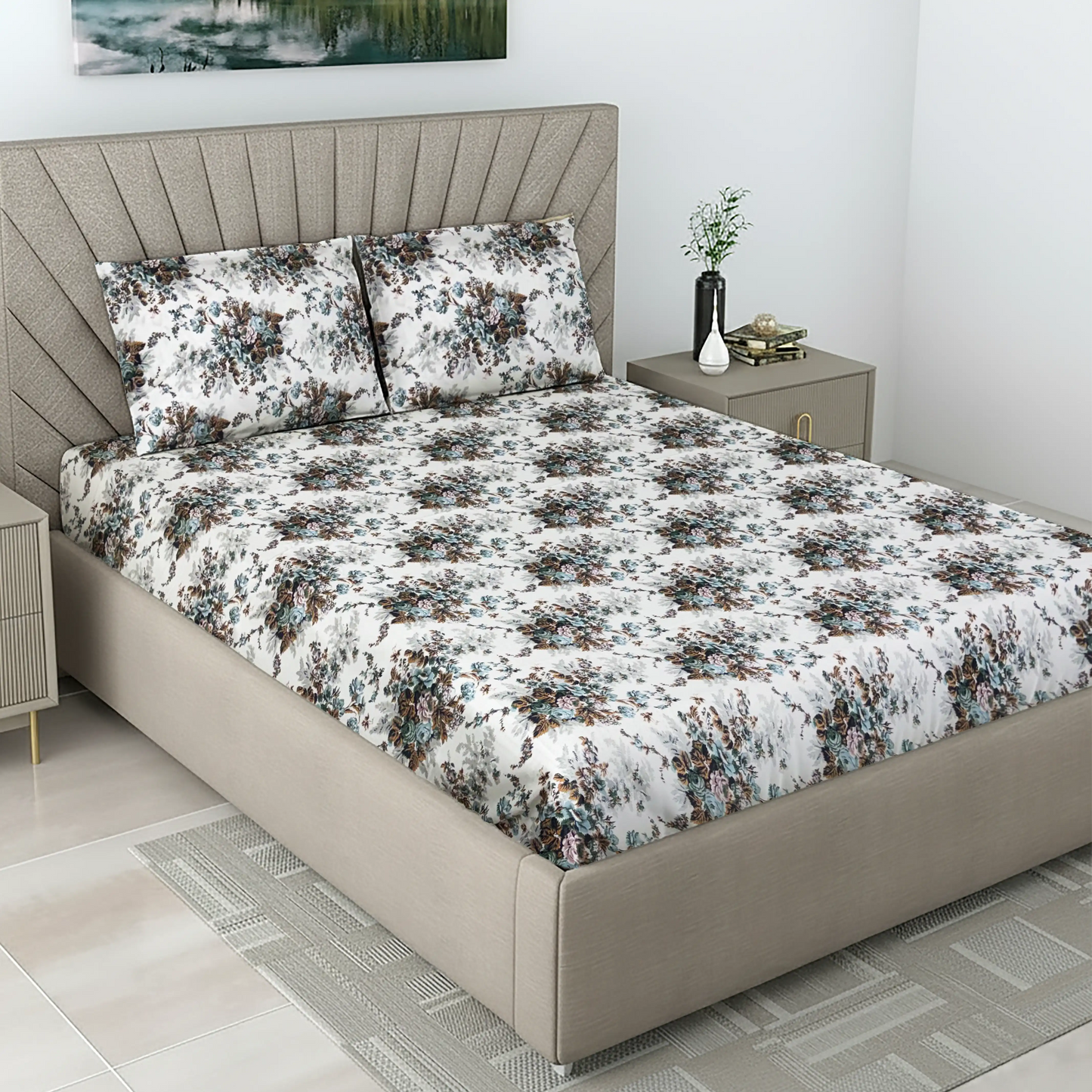 Elegant Teal & Brown Floral Bed Sheet Set - Vintage Rose Garden Design