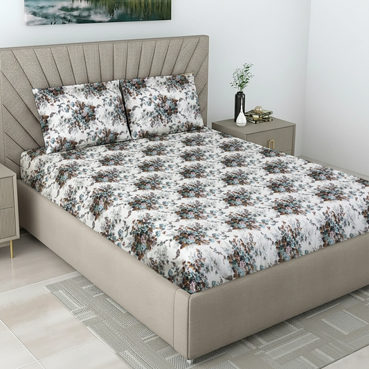 Elegant Teal & Brown Floral Bed Sheet Set - Vintage Rose Garden Design