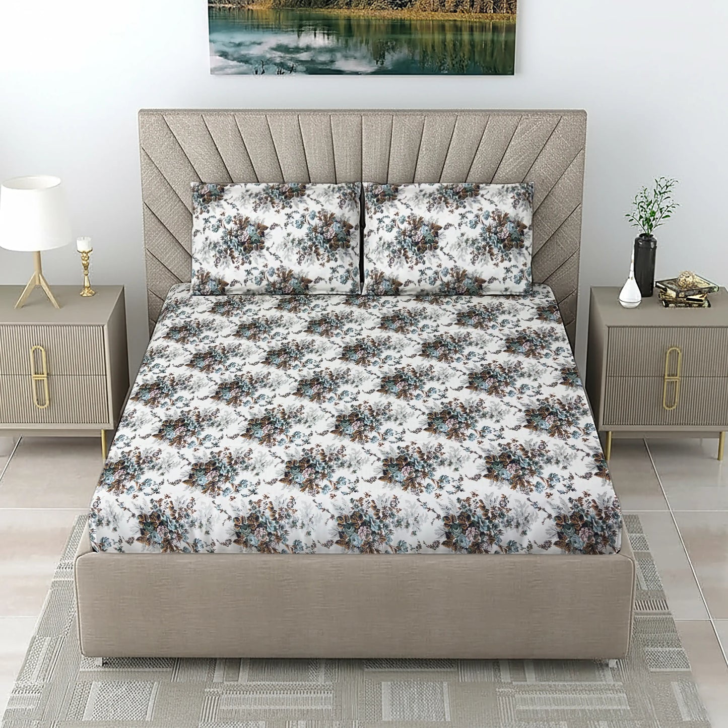 Elegant Teal & Brown Floral Bed Sheet Set - Vintage Rose Garden Design