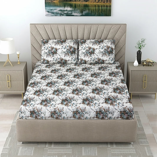 Elegant Teal & Brown Floral Bed Sheet Set - Vintage Rose Garden Design
