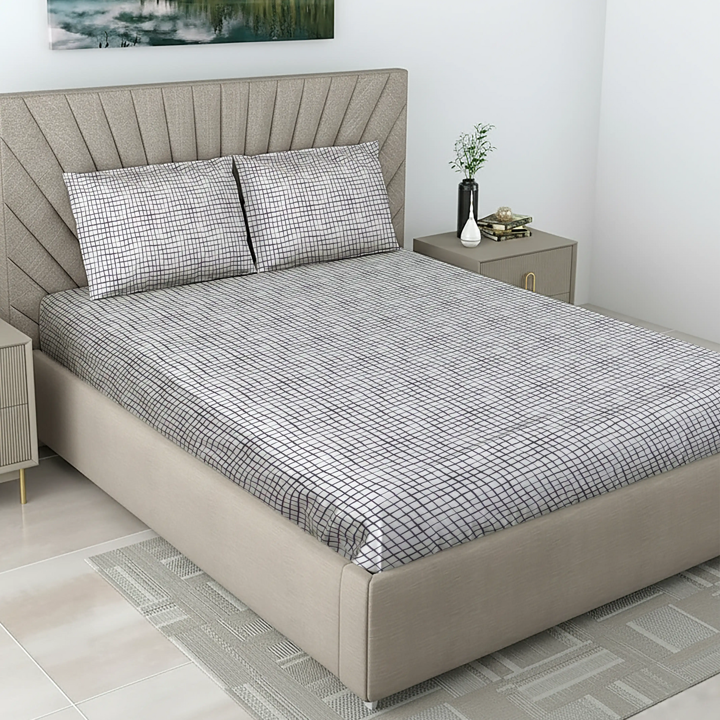 Modern Black & White Grid Bed Sheet Set - Minimalist Check Pattern