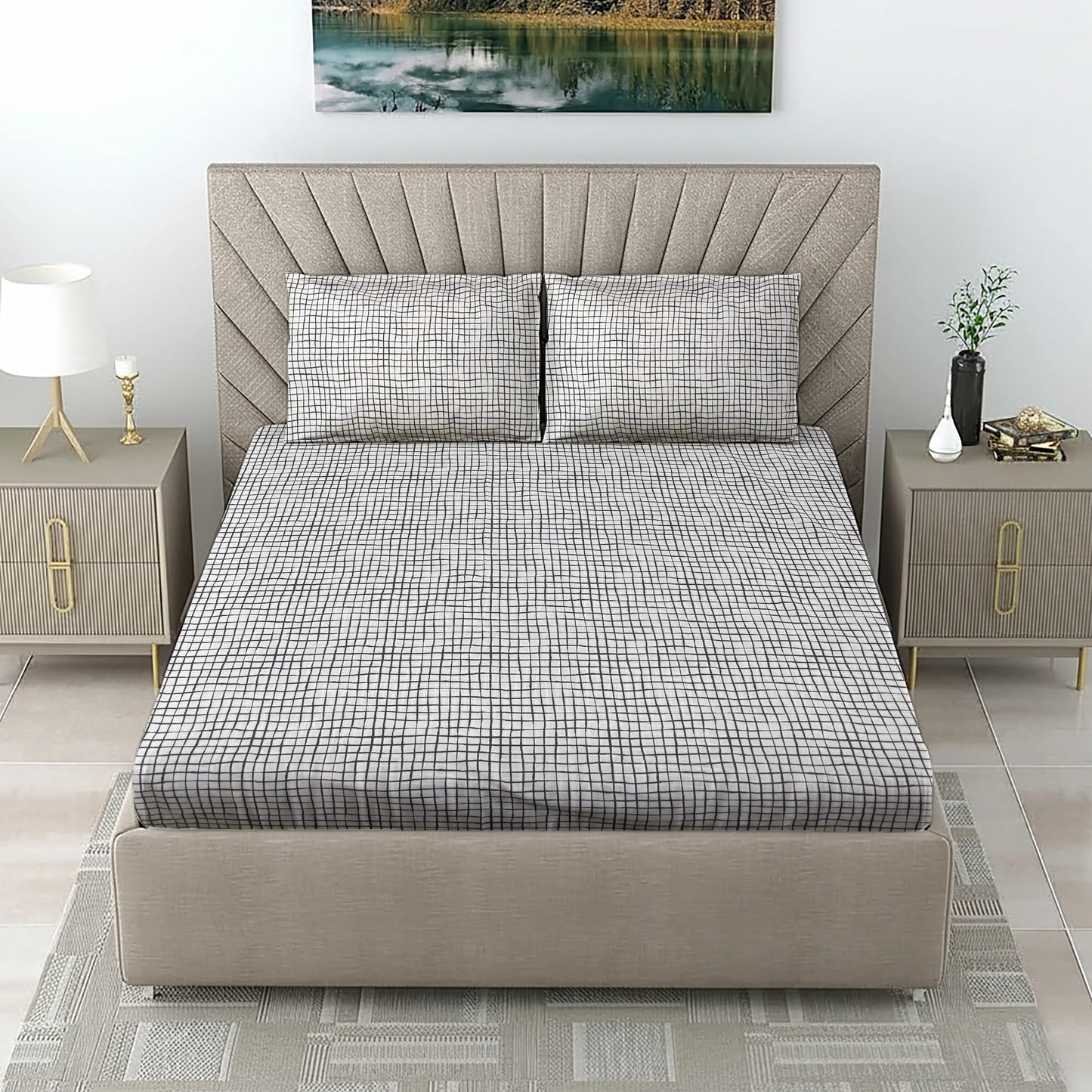 Modern Black & White Grid Bed Sheet Set - Minimalist Check Pattern