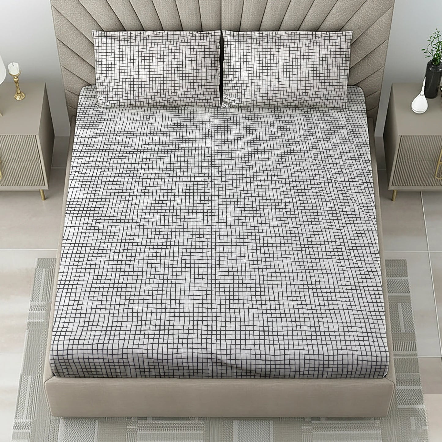 Modern Black & White Grid Bed Sheet Set - Minimalist Check Pattern